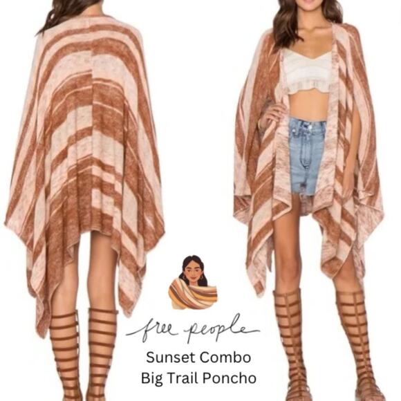 Free People Sunset Combo Big Trail Poncho Cardigan Kimono Wrap Shawl- MEDIUM